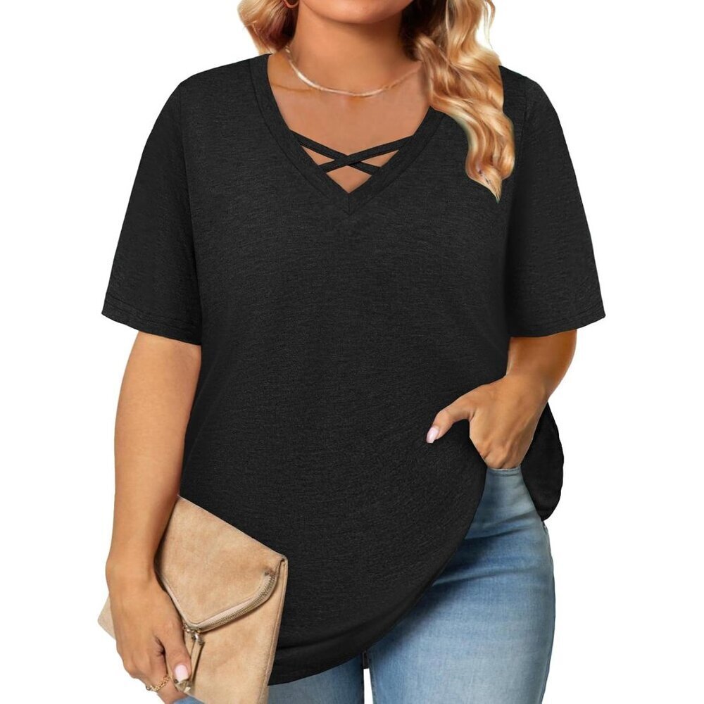 Plus Size Summer Tops Women Oversized Criss Cross V Neck Casual Loose Fit